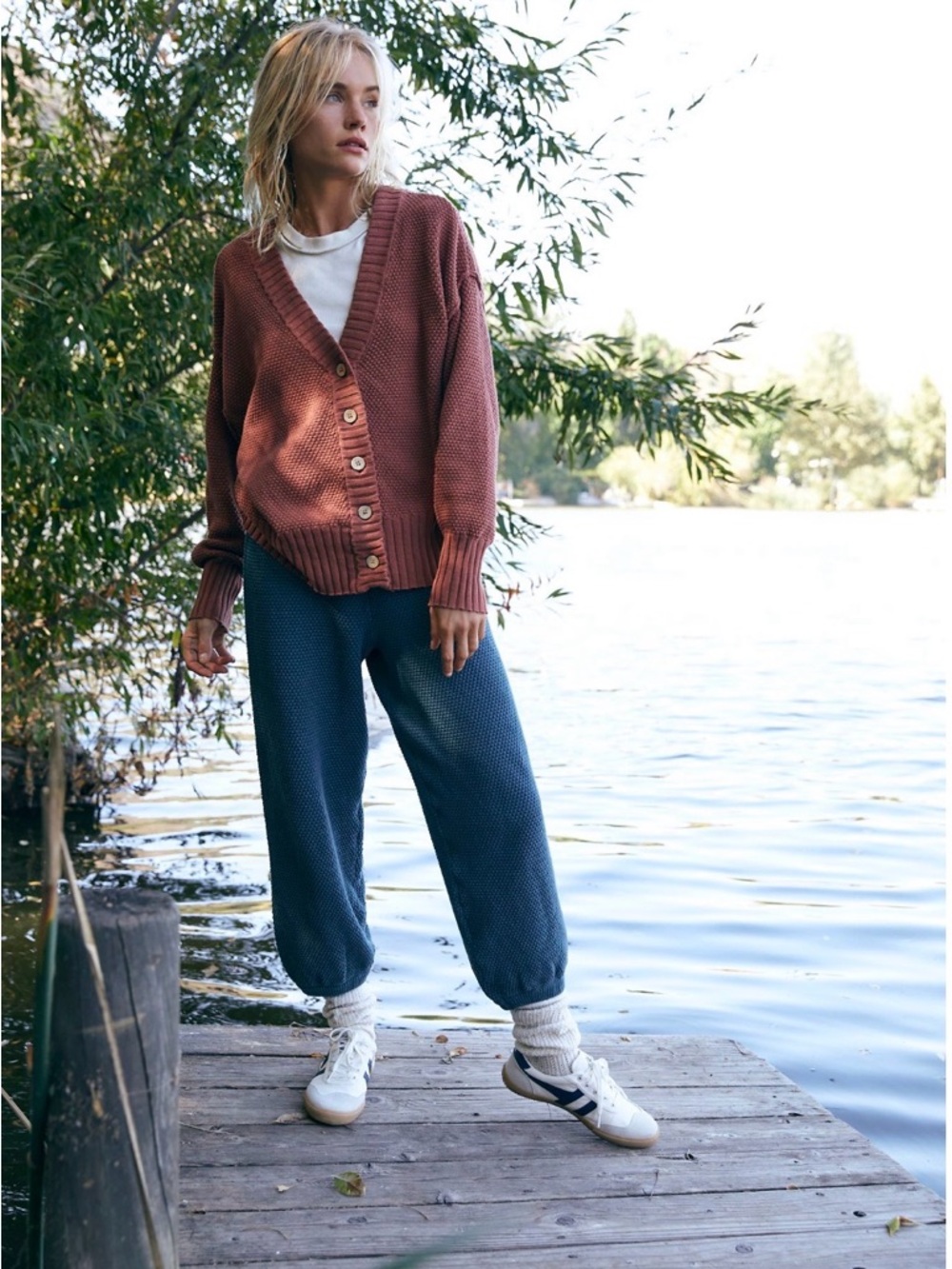 FREE PEOPLE BEACH Hailee Waffle Knit Pants Teal Blue‎ Green XL